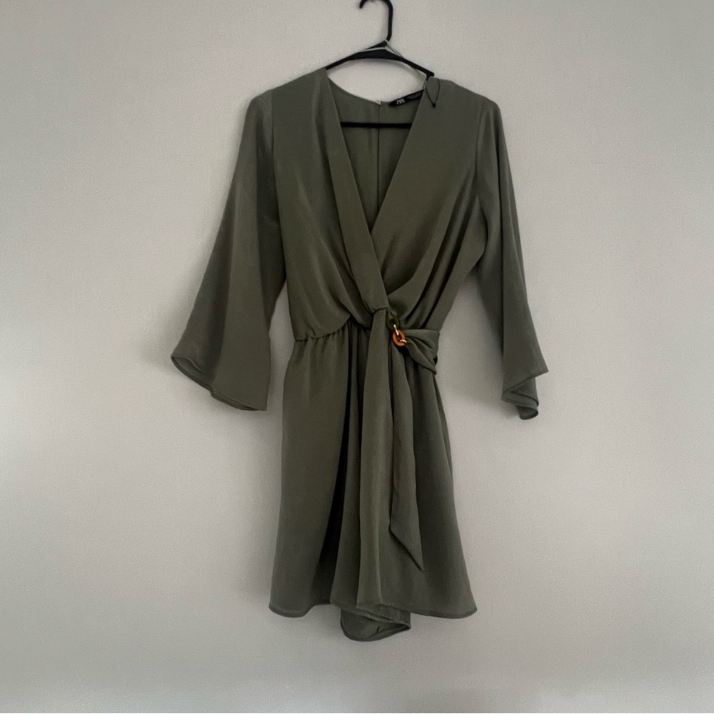 Zara satin effect Romper dress sage green color